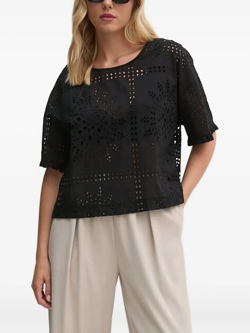 Sandro Ferrone Eyelet-embroidered Short-sleeve Blouse In Black