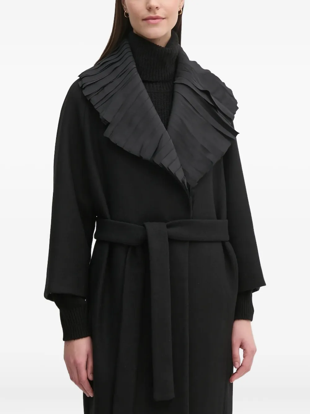 Sandro Ferrone Pleated-collar Belted Coat In Black