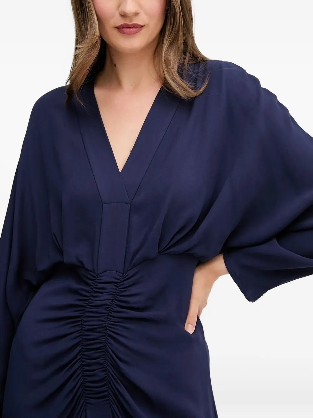 Sandro Ferrone V-neck gathered midi dress Blauw