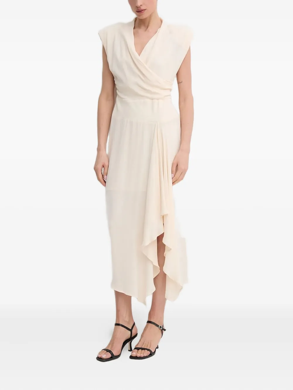 Sandro Ferrone draped shoulder-padded midi dress Beige