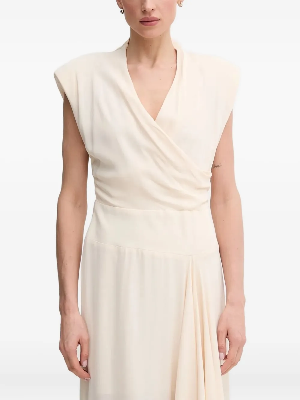 Sandro Ferrone draped shoulder-padded midi dress Beige
