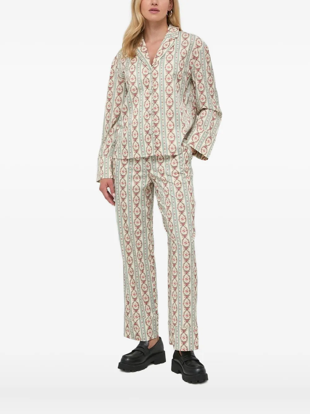 Notes Du Nord Floral-stripe Embellished-button Shirt In Gray