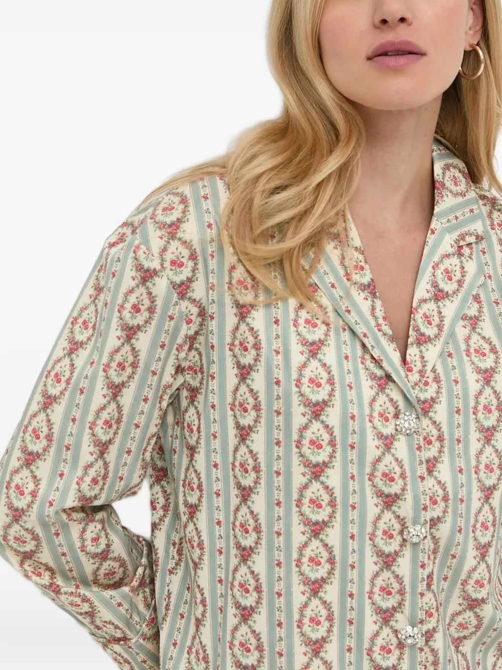 Notes Du Nord Floral-stripe Embellished-button Shirt In Gray
