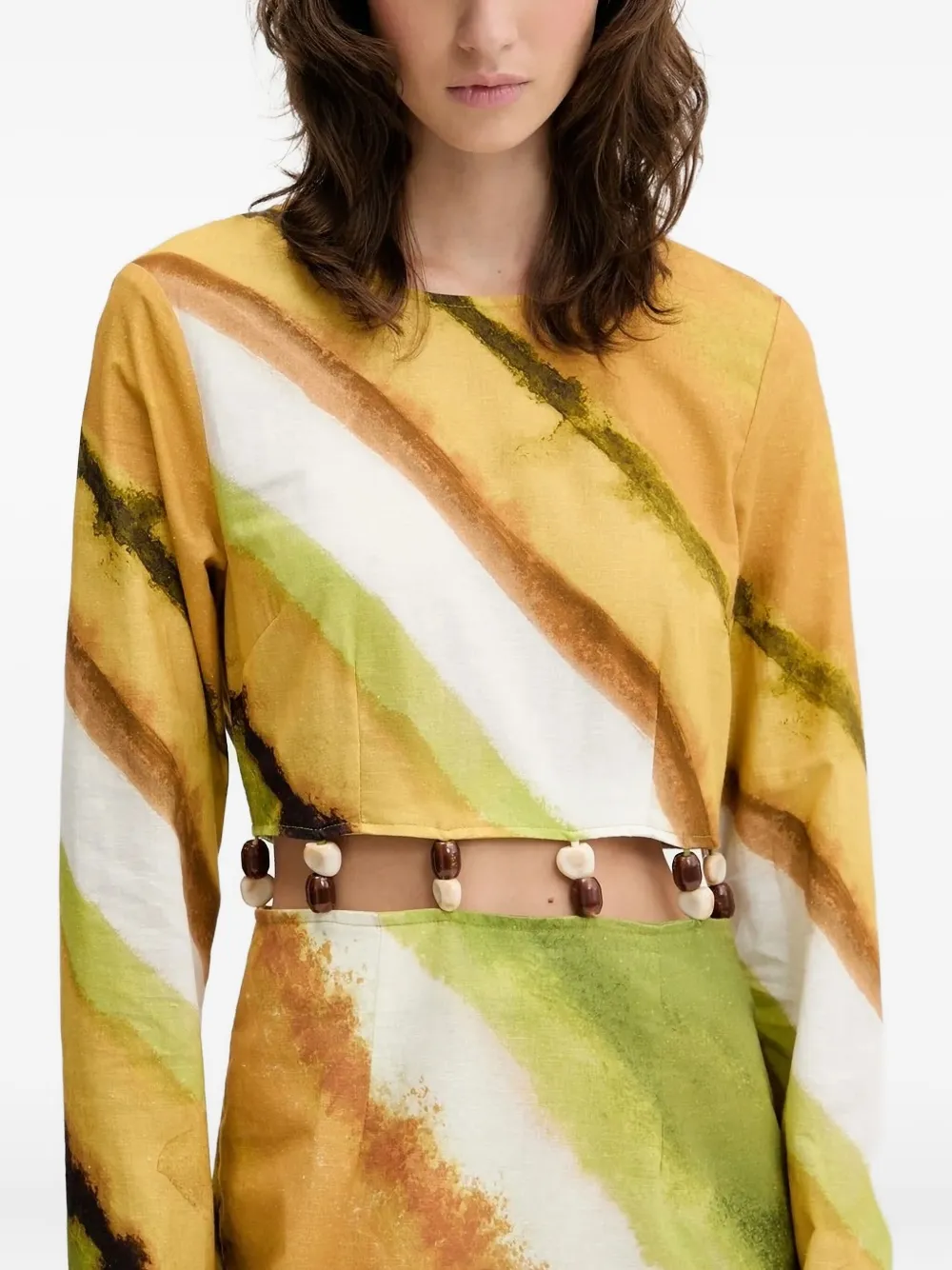 NEVER FULLY DRESSED diagonal-print beaded-waist maxi dress Groen