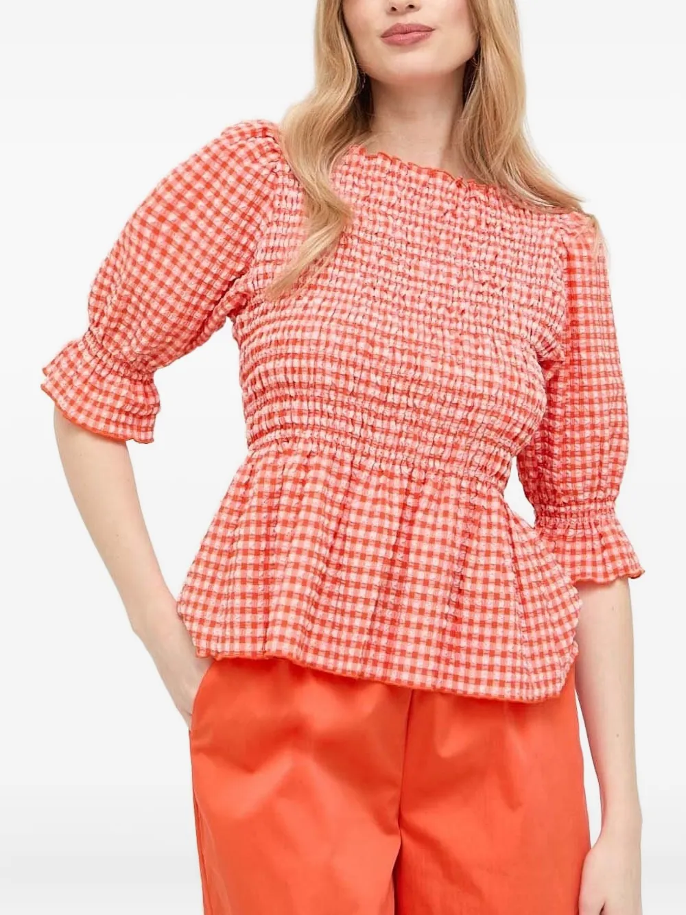Notes Du Nord Gingham Smocked Top In Red