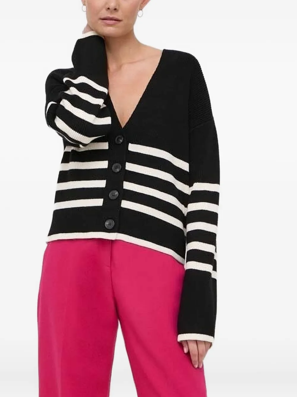 Notes Du Nord Striped Ribbed Cardigan In Black