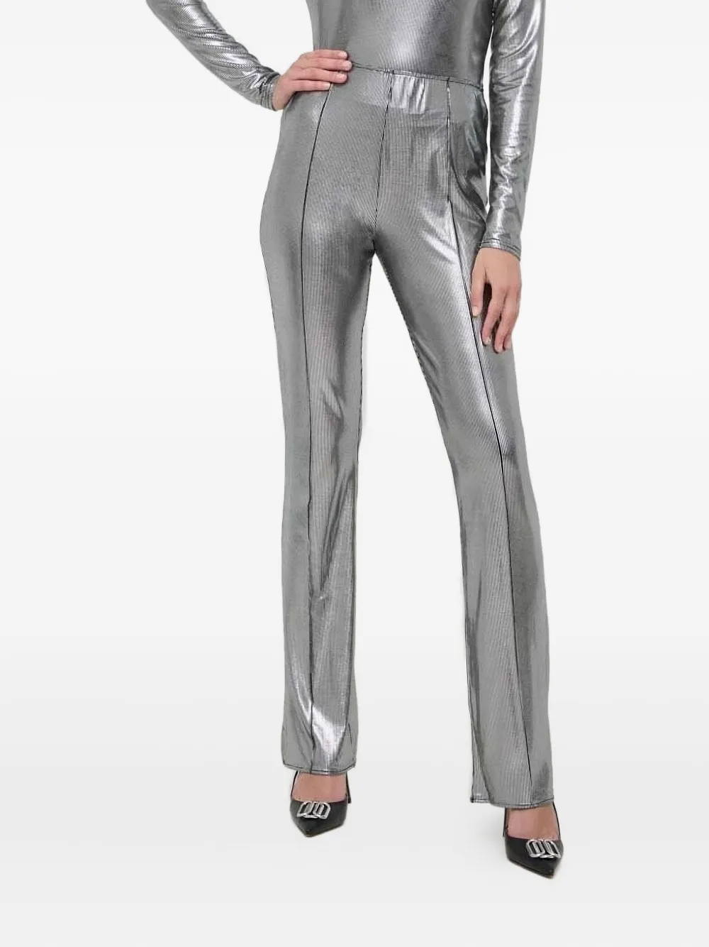 Notes Du Nord Metallic-ribbed Trousers In Gray