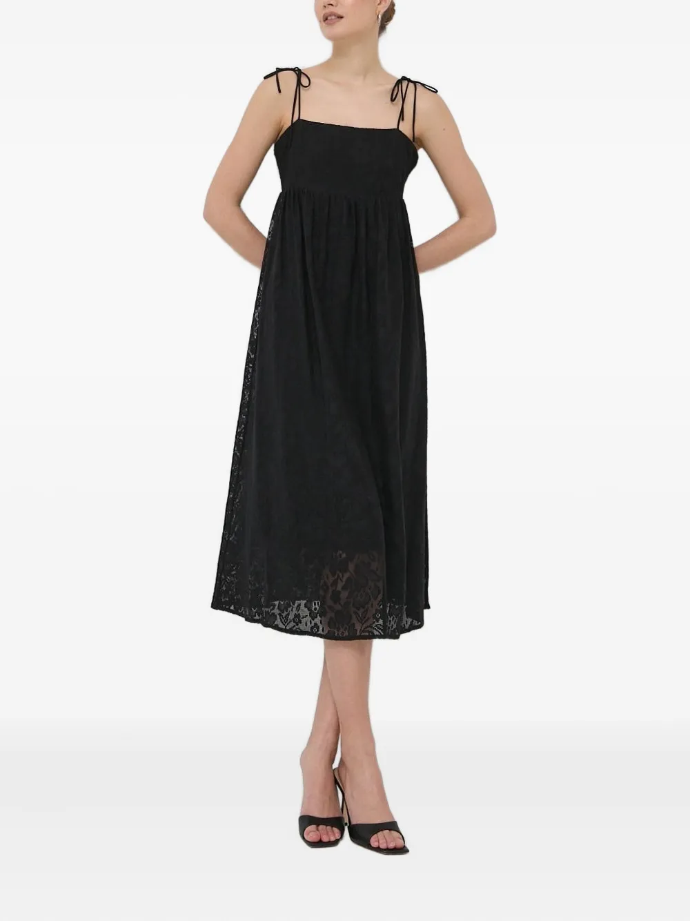 Notes Du Nord Tie-straps Floral-lace Midi Day Dress In Black