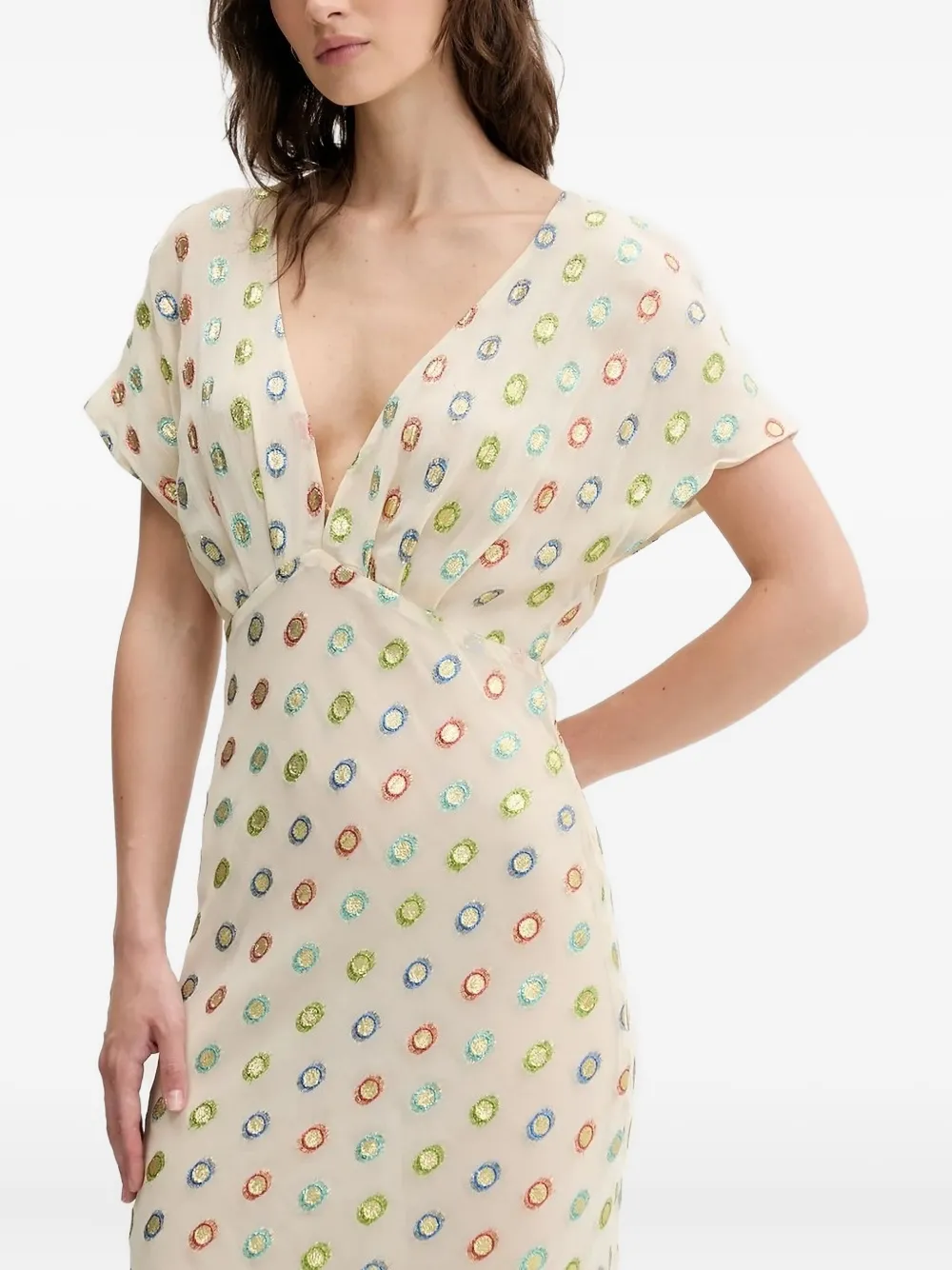 NEVER FULLY DRESSED embellished V-neck maxi dress Beige
