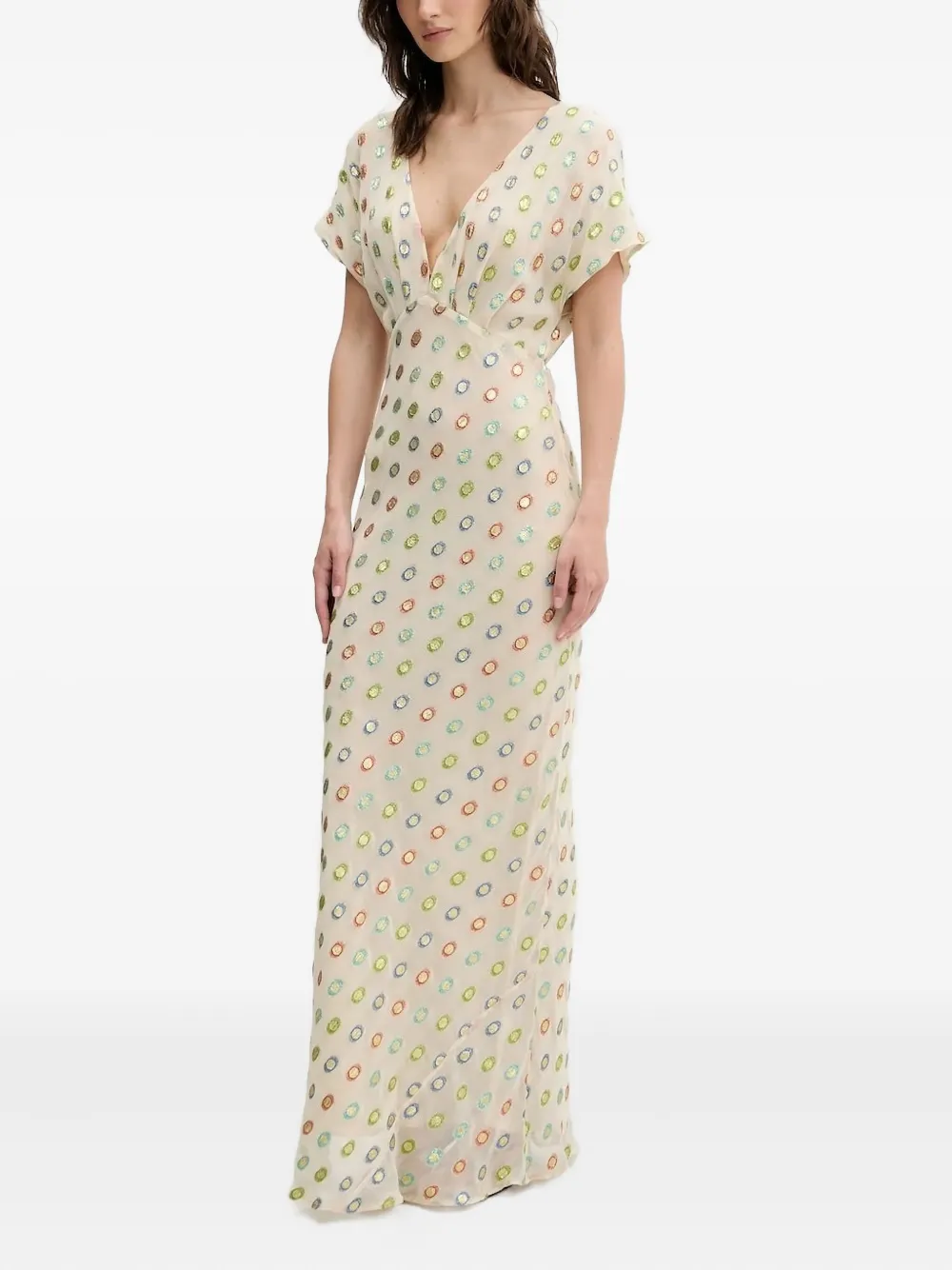 NEVER FULLY DRESSED embellished V-neck maxi dress Beige