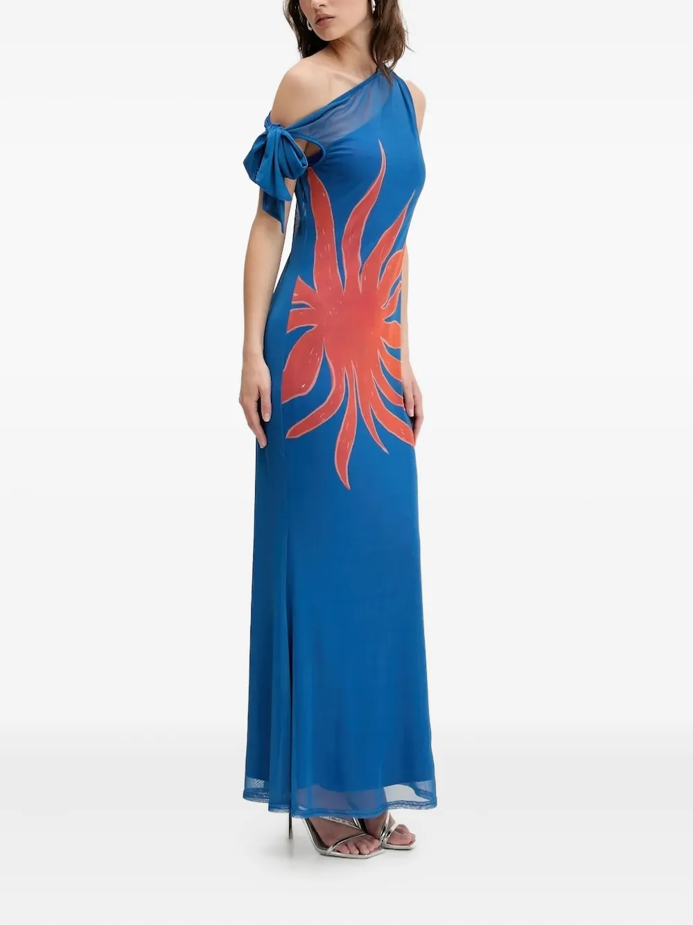 NEVER FULLY DRESSED one-shoulder flame-print maxi dress Blauw