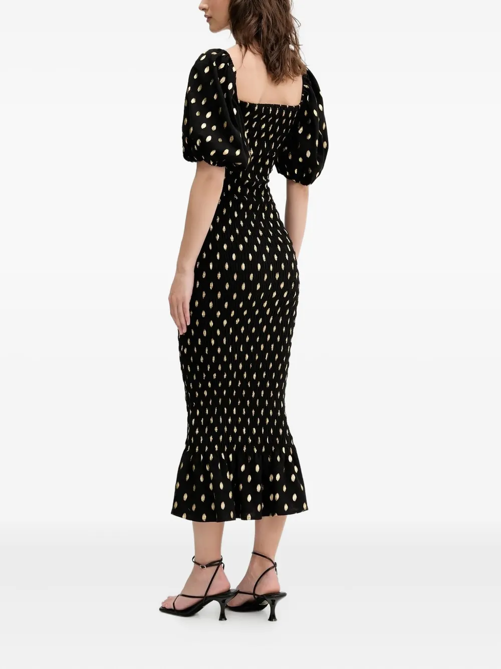 NEVER FULLY DRESSED puff-sleeve polka dot midi dress Zwart