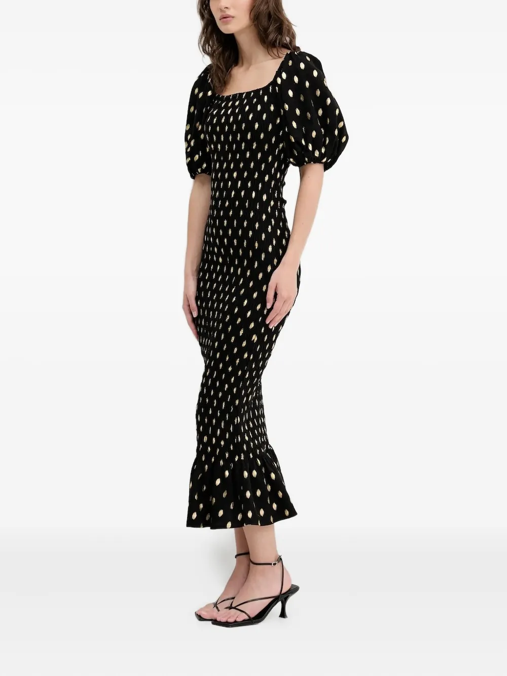 NEVER FULLY DRESSED puff-sleeve polka dot midi dress Zwart