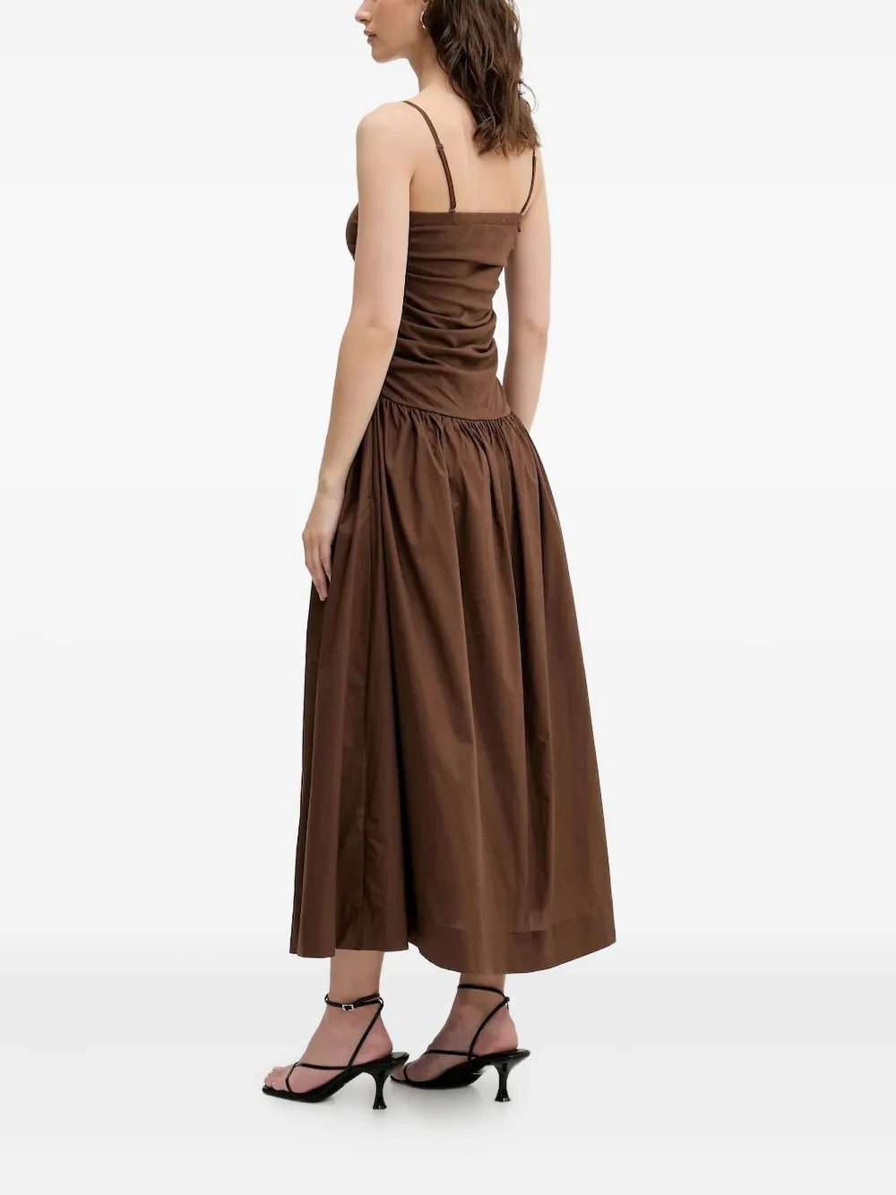 NEVER FULLY DRESSED Lola midi-jurk met gesmockte taille Bruin