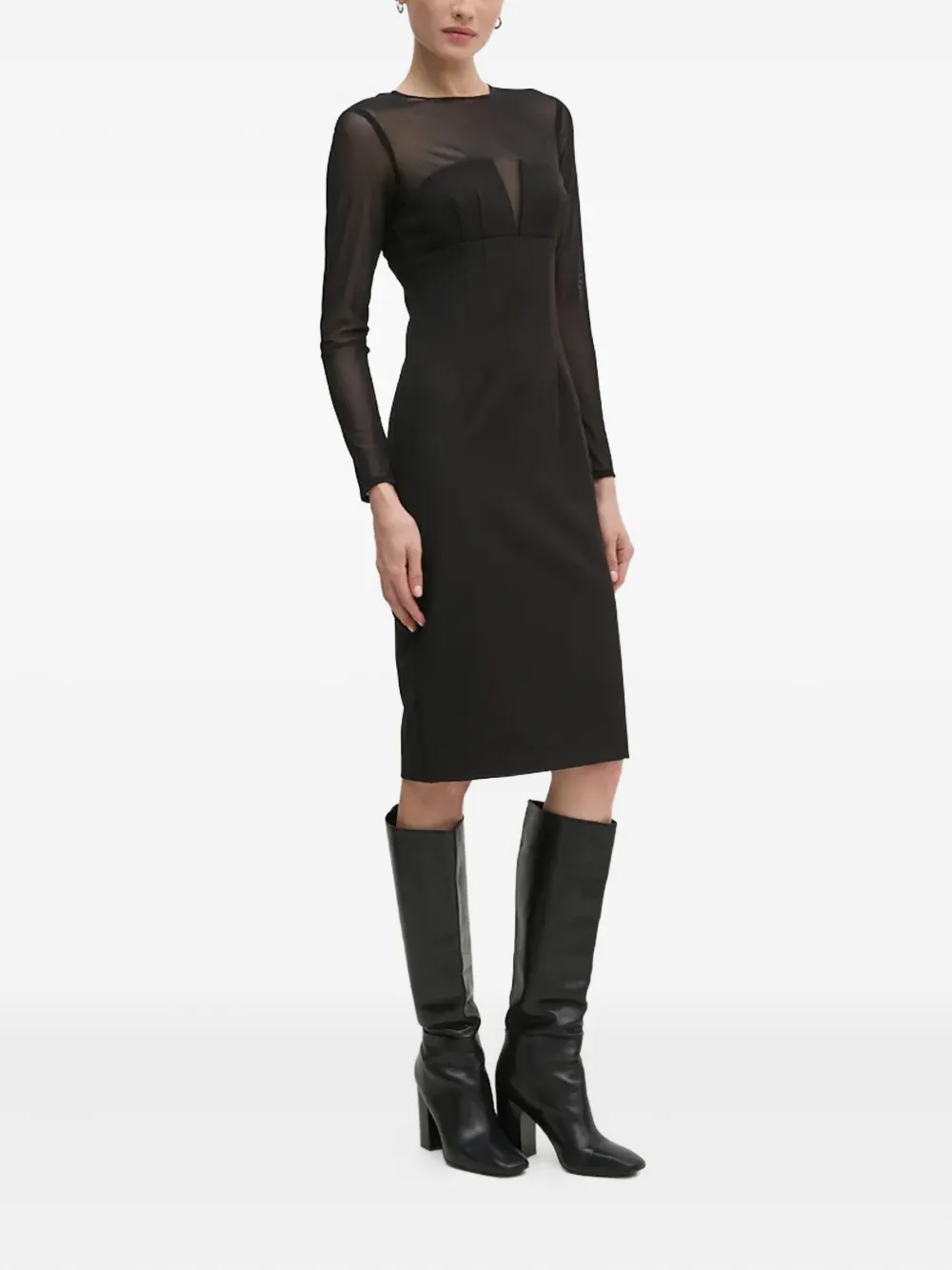 Sandro Ferrone Midi-jurk met mesh en lange mouwen - Zwart