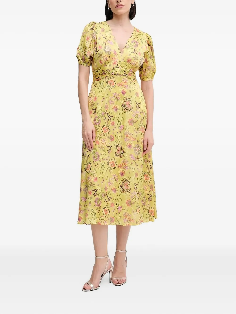 Pedro Del Hierro Puff-sleeve Floral-print Midi Dress In Yellow
