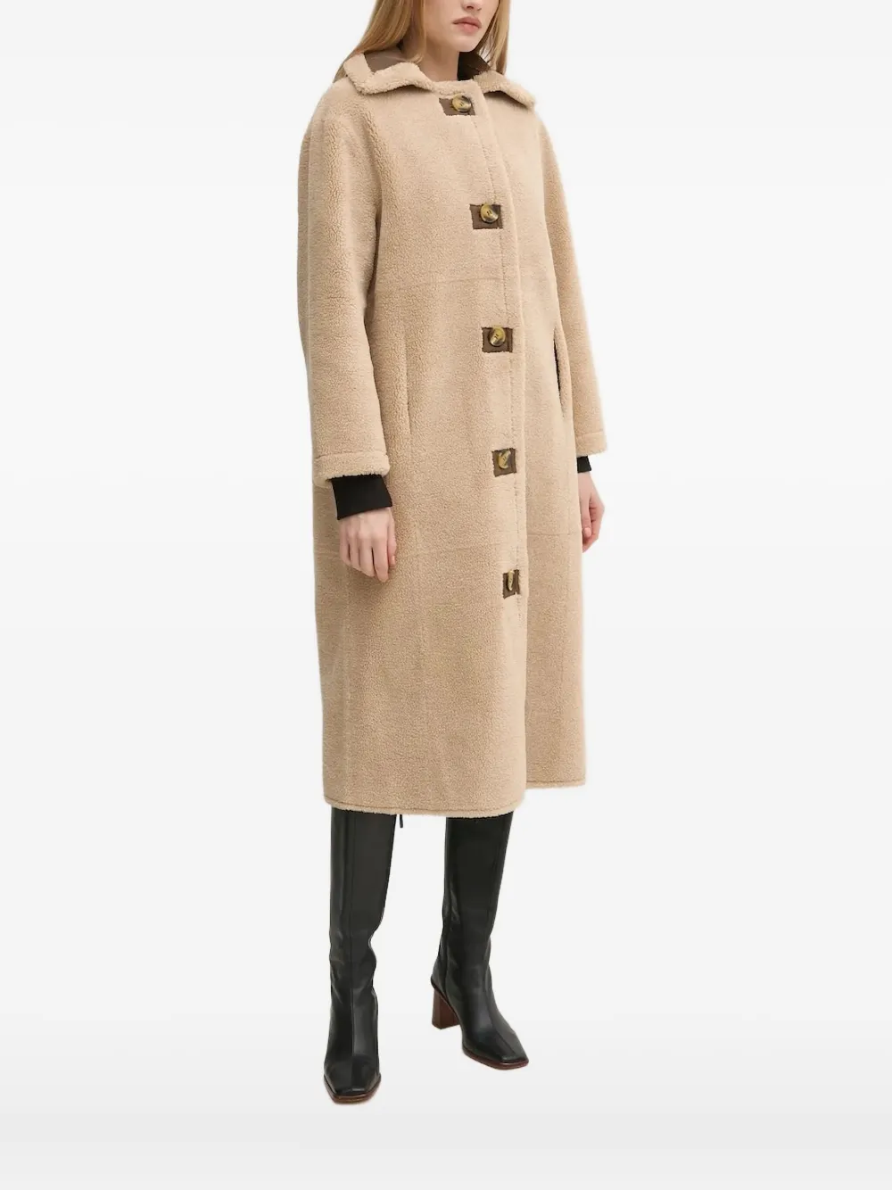 Pedro Del Hierro Button-fastening Faux-shearling Coat In Neutral