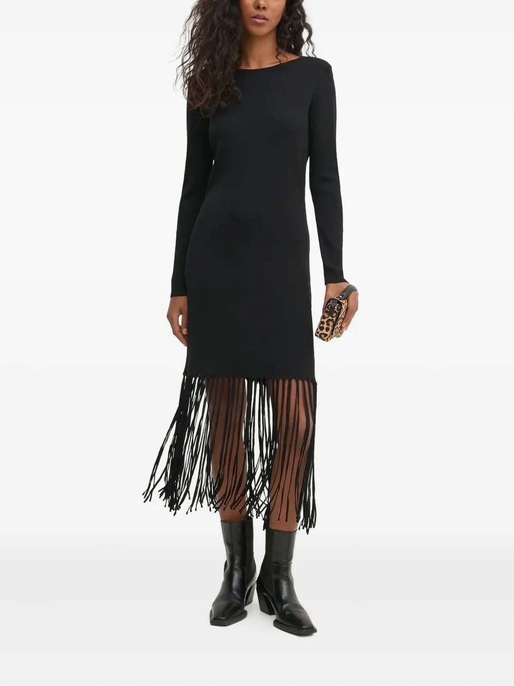 Pedro Del Hierro Long-sleeve Fringed Dress In Black