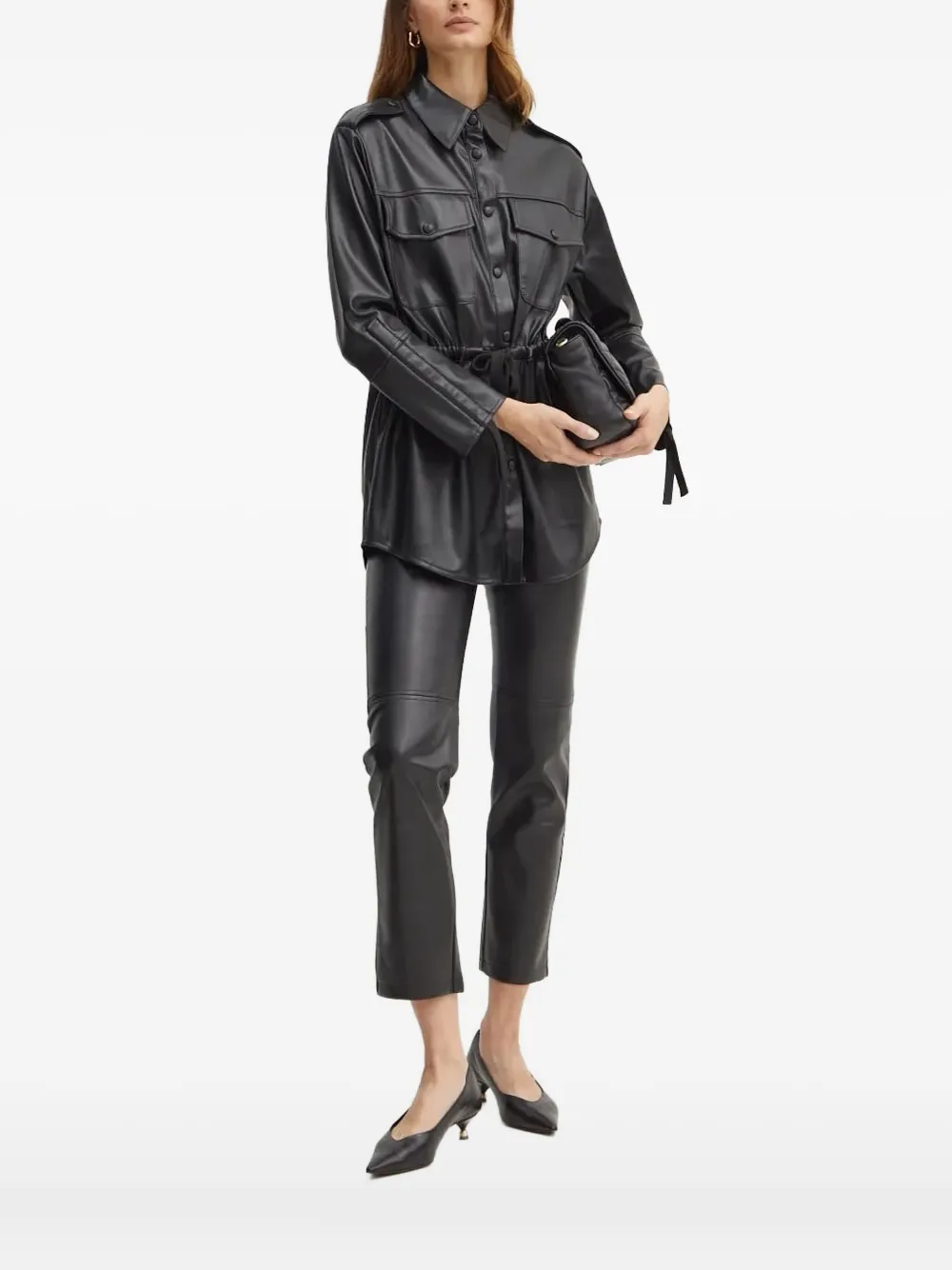 Silvian Heach Drawstring-cuff Leather Shirt In Black