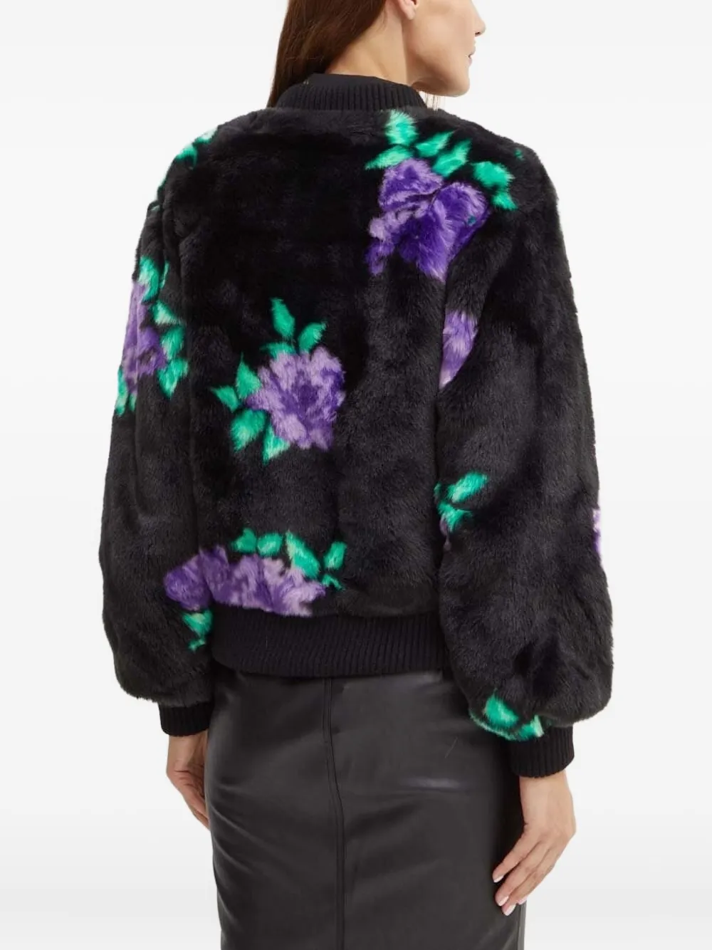 Silvian Heach Floral-print Bomber Faux-fur Jacket In Black