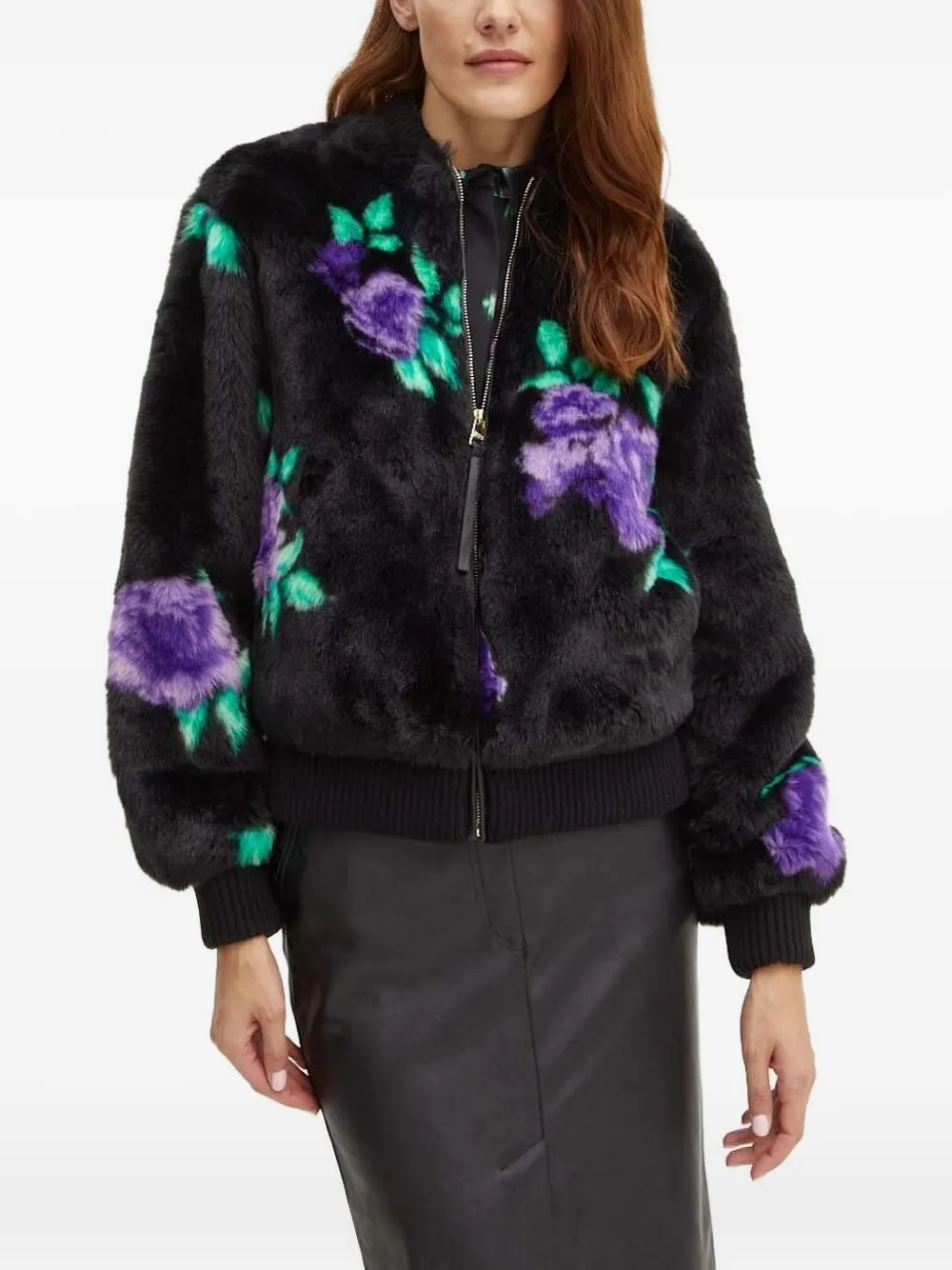 Silvian Heach Floral-print Bomber Faux-fur Jacket In Black