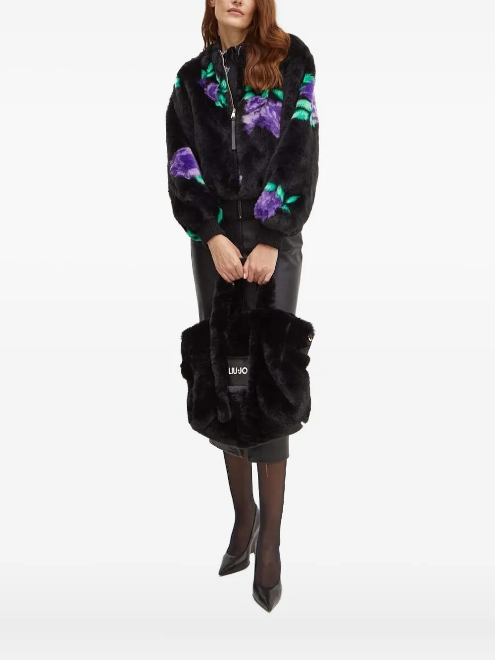 Silvian Heach Floral-print Bomber Faux-fur Jacket In Black