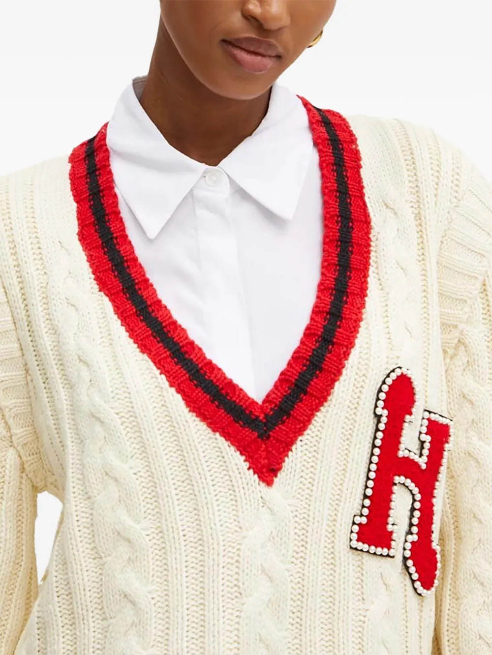 Silvian Heach Kabelgebreide trui verfraaid met parels Beige