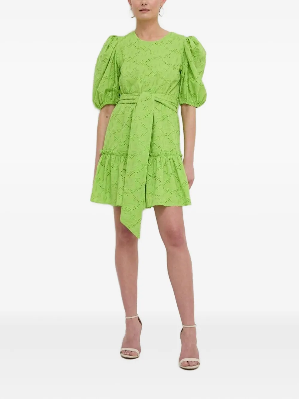 Silvian Heach Eyelet Puff-sleeve Mini Dress In Green