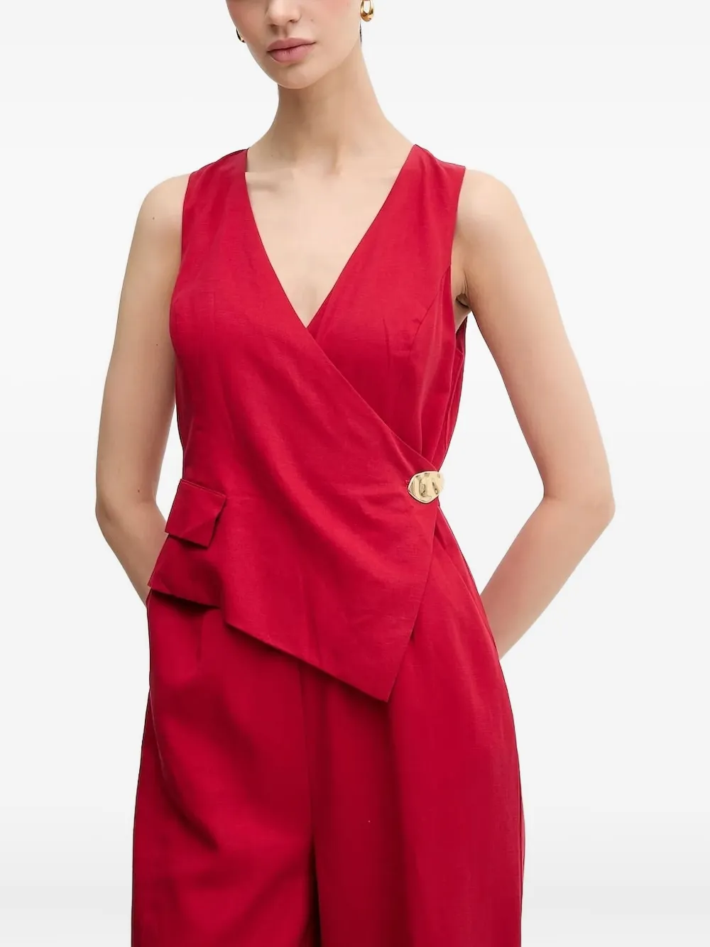 Pedro Del Hierro Wrap-front Gold-button Jumpsuit In Red
