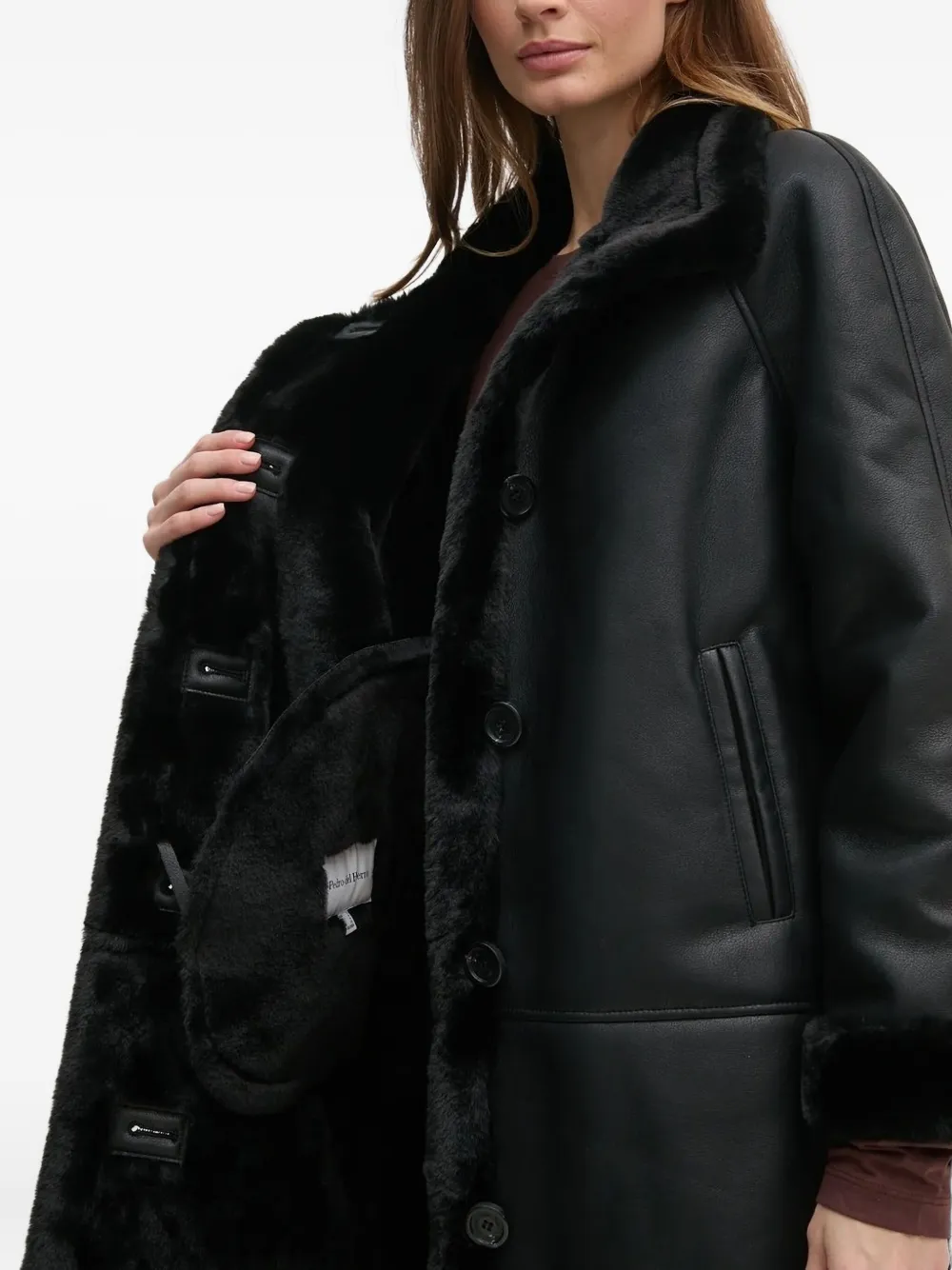 Pedro Del Hierro Faux-fur Trimmed Coat In Black