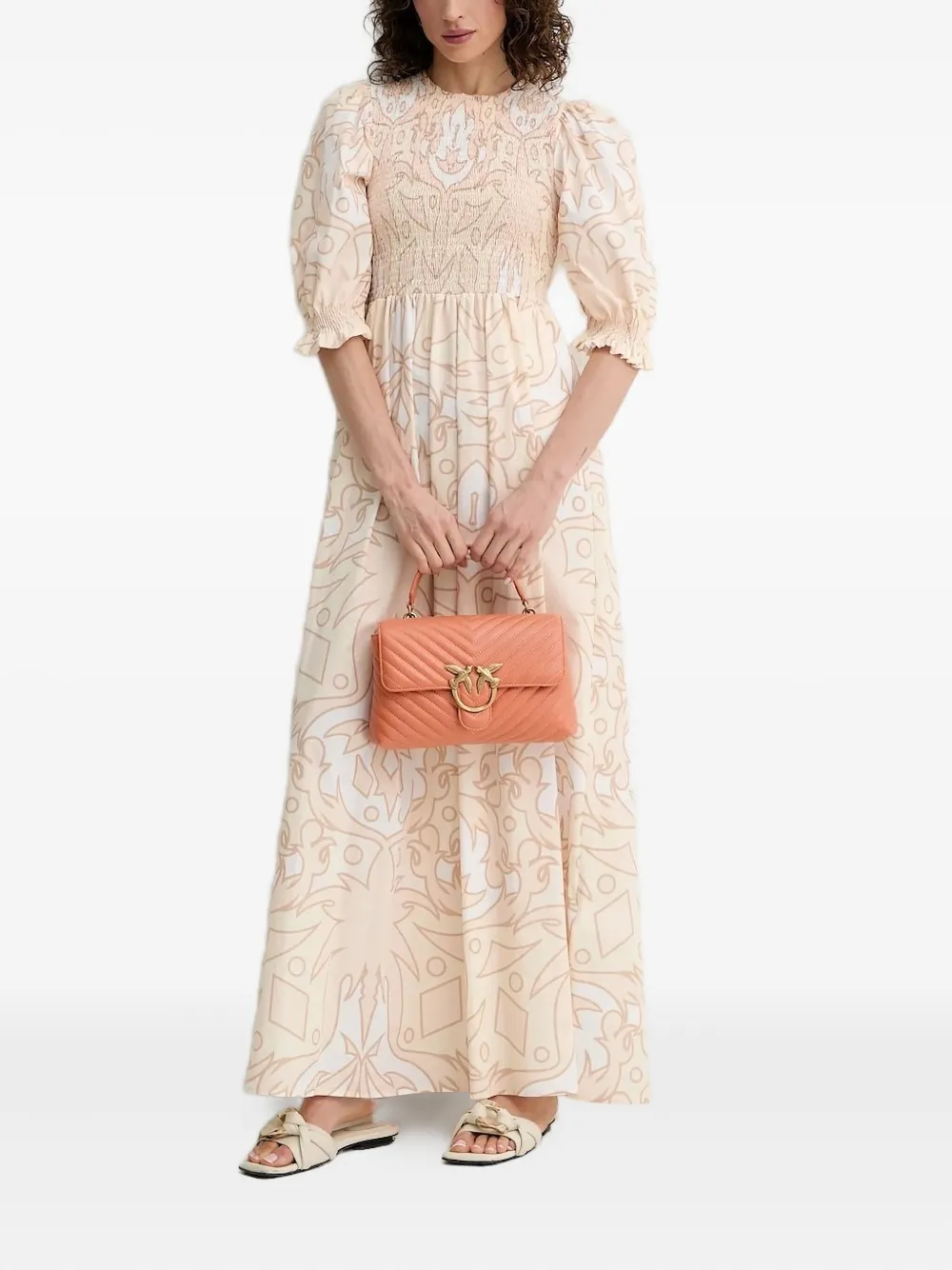 Silvian Heach Maxi-jurk met gesmockt lijfje en print Beige