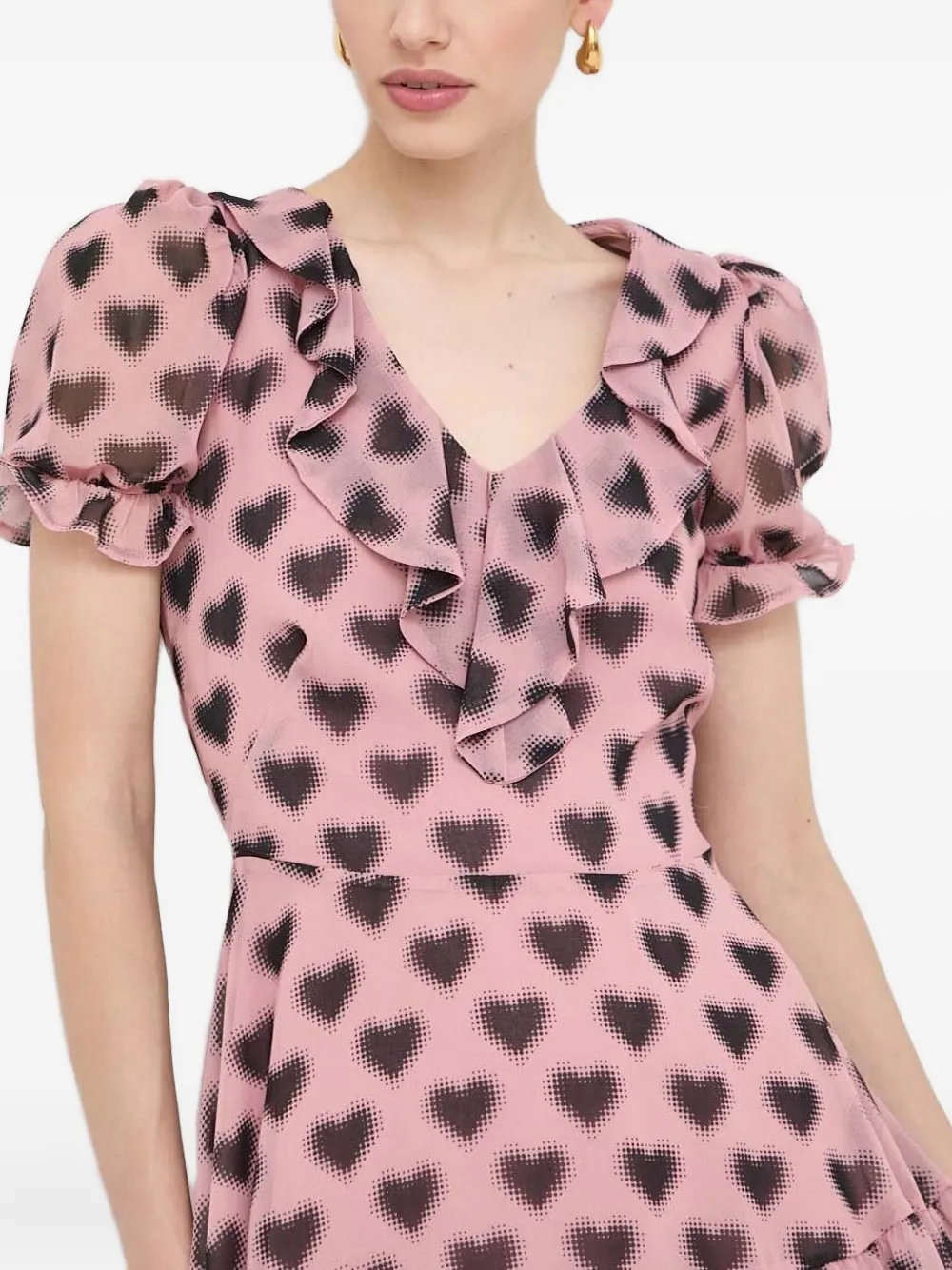 Silvian Heach Frill-neckline Heart-print Mini Dress In Pink