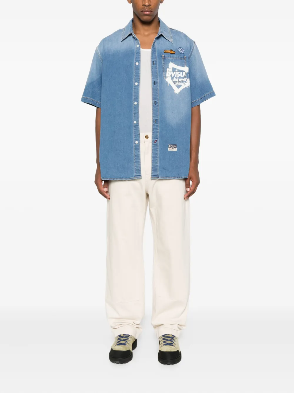 EVISU Daicock graffiti-print denim shirt Blauw