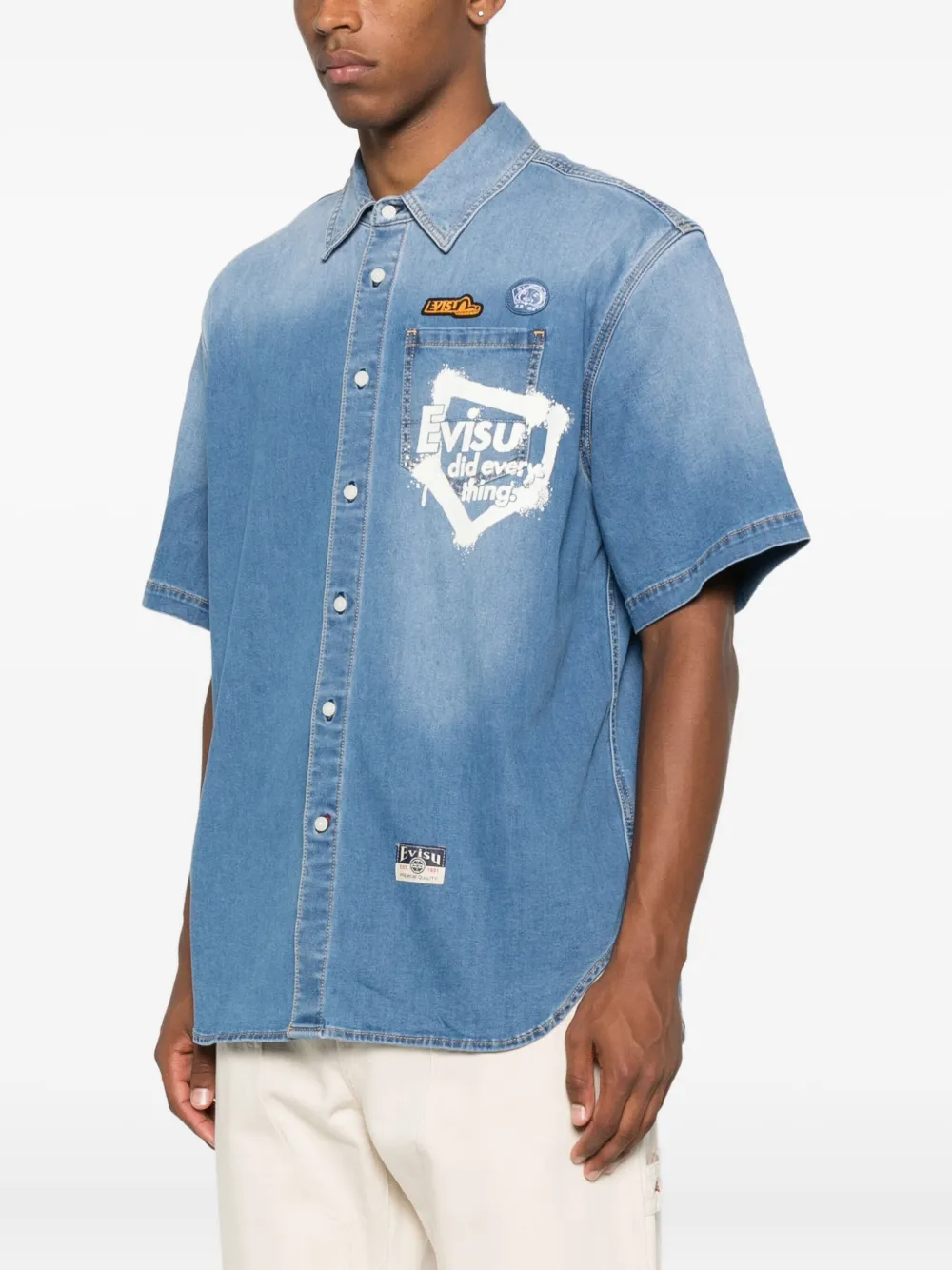EVISU Daicock graffiti-print denim shirt Blauw