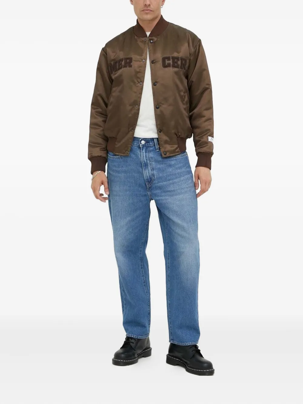 The Mercer Brand Satin Bomber Jacket In Brown