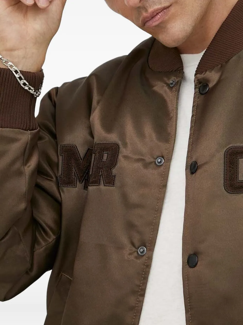 The Mercer Brand Satin Bomber Jacket In Brown