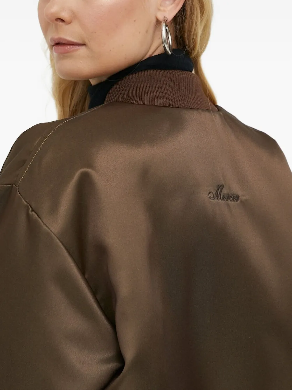 The Mercer Brand Satin Bomber Jacket In Brown