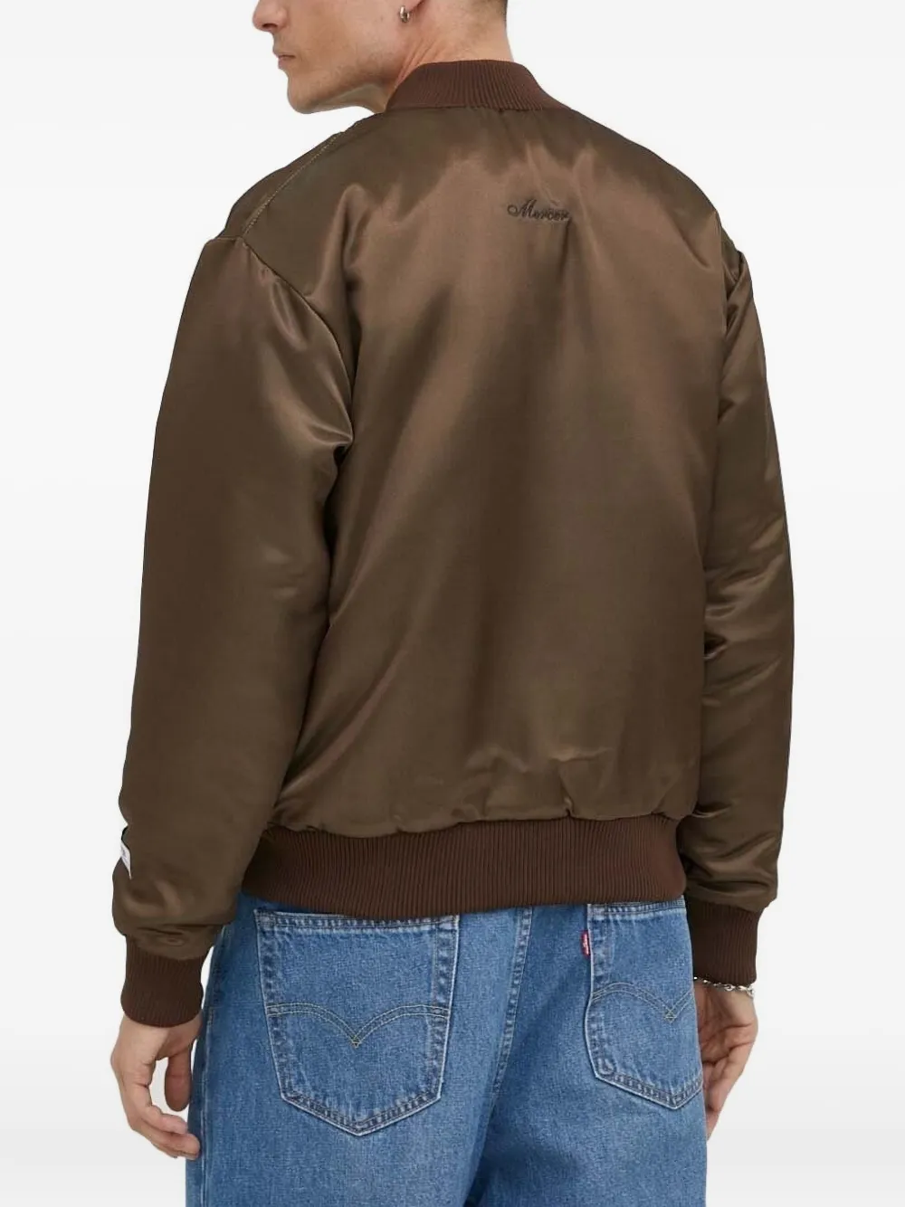 The Mercer Brand Satin Bomber Jacket In Brown