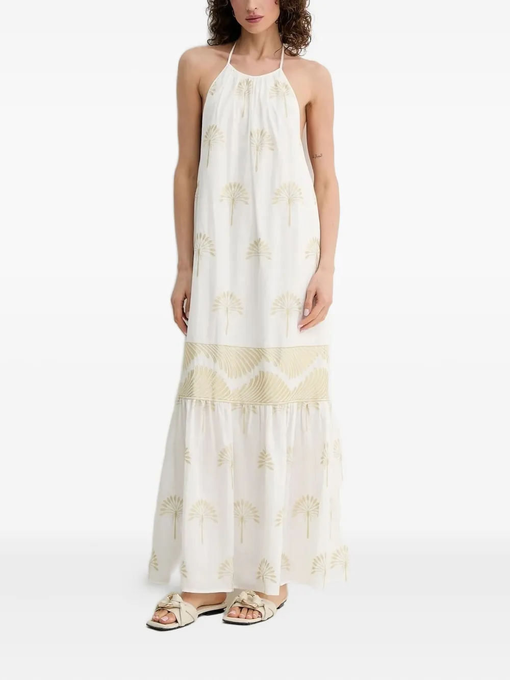 SIMONA CORSELLINI halter-neck palm-print maxi dress Wit