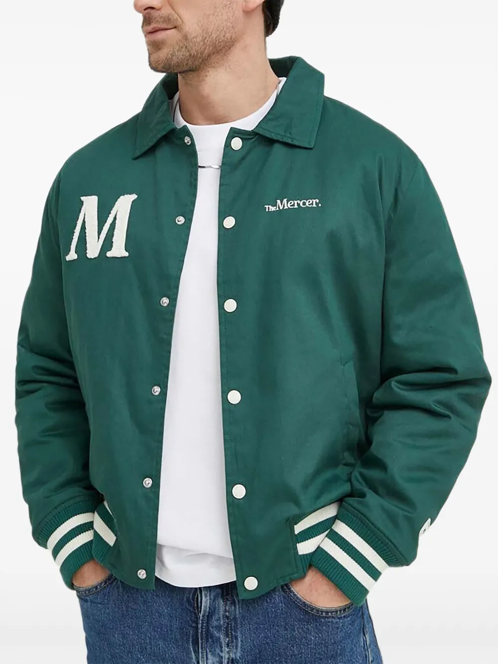 The Mercer Brand Varsity Embroidery Jacket In Gray