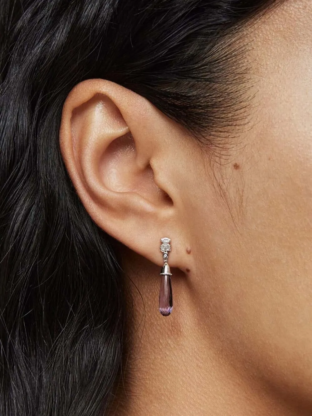 TOUS 18kt witgouden oorbel met diamant en amethist - Zilver