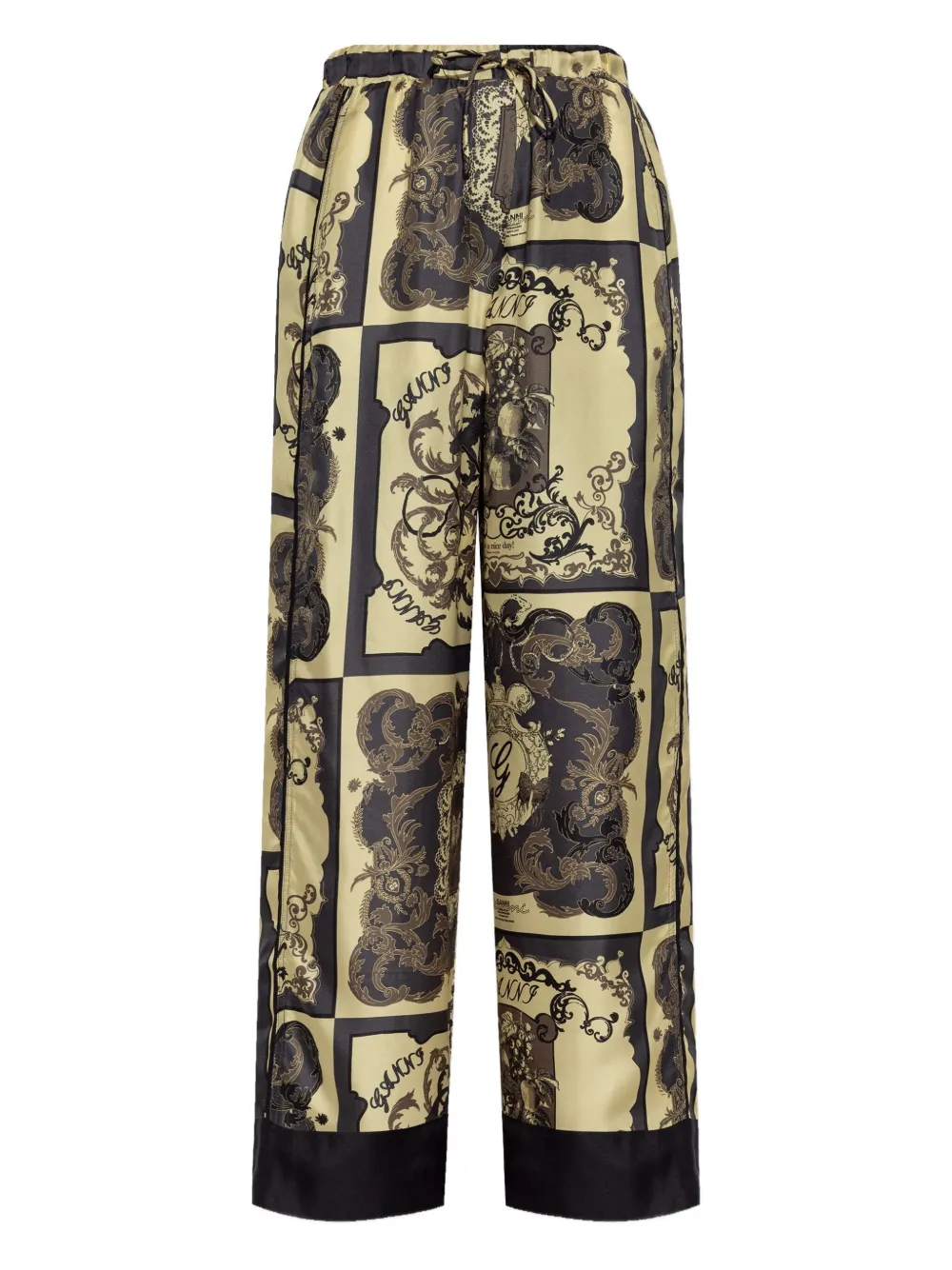 GANNI graphic-print silk trousers Beige