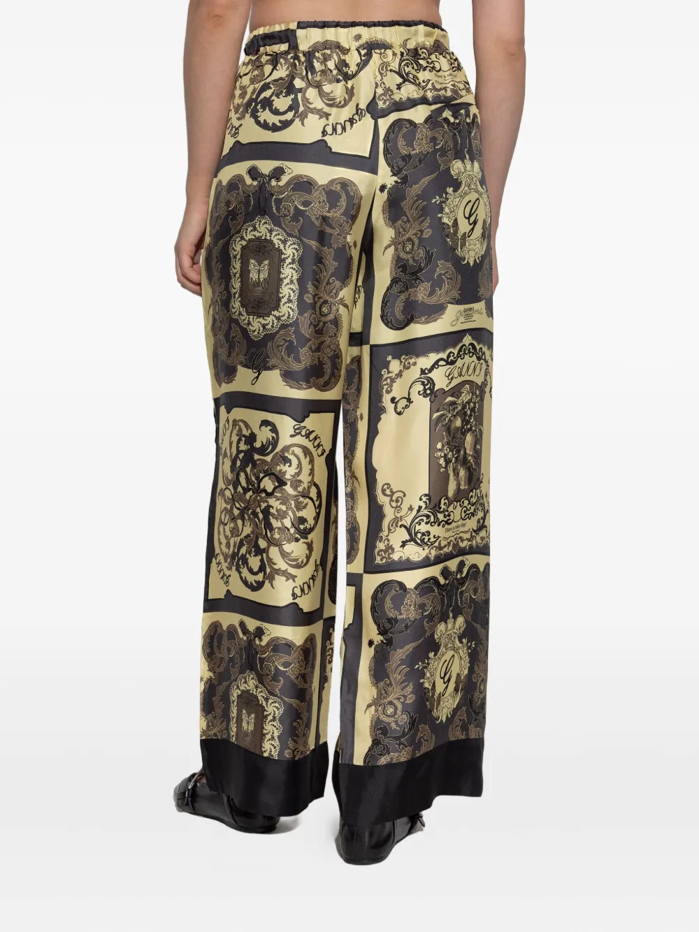 GANNI graphic-print silk trousers Beige