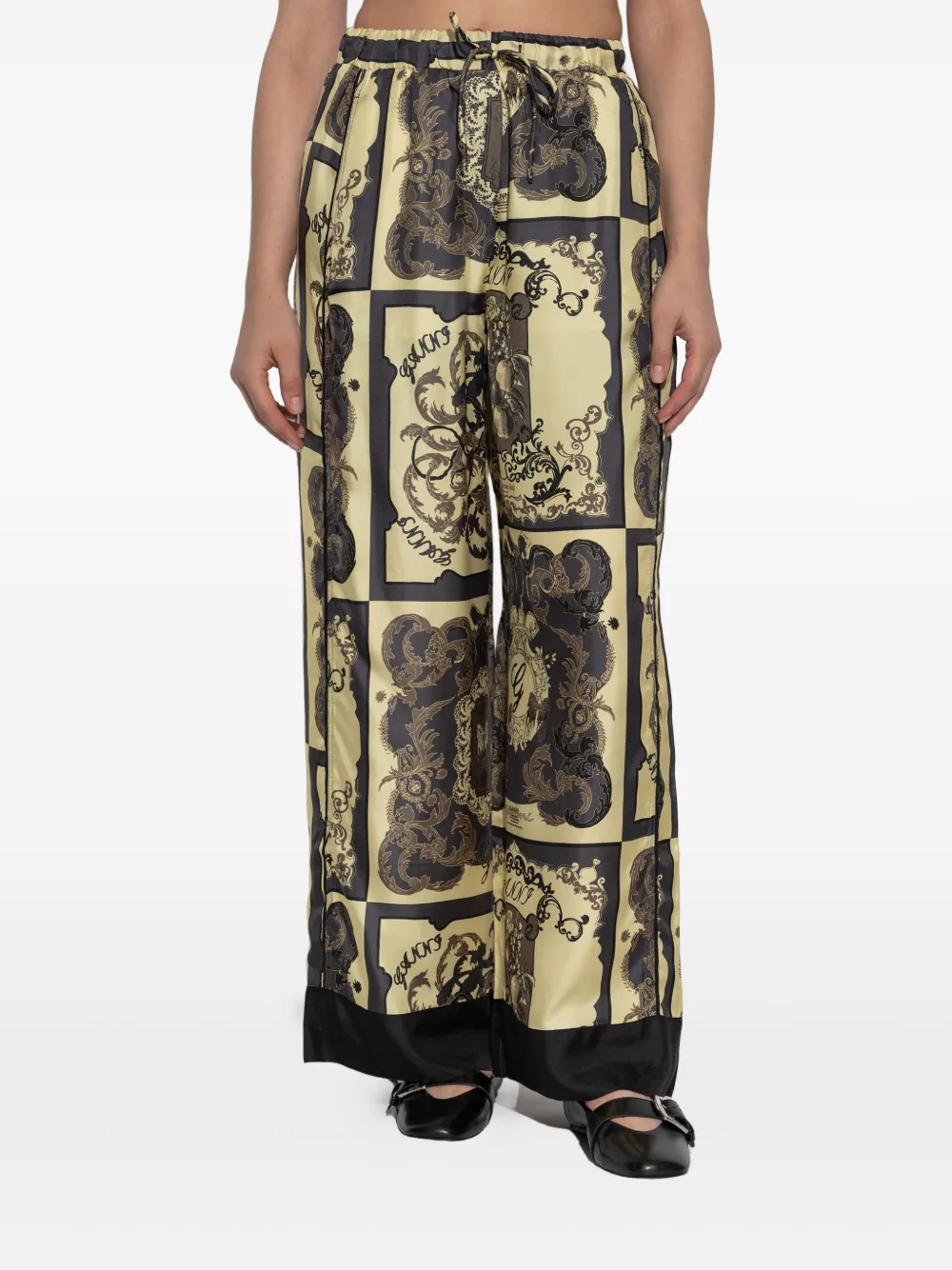GANNI graphic-print silk trousers Beige