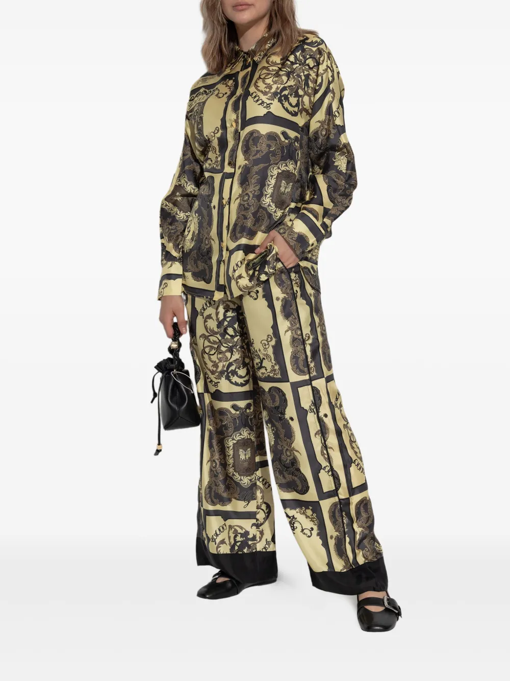 GANNI graphic-print silk trousers Beige