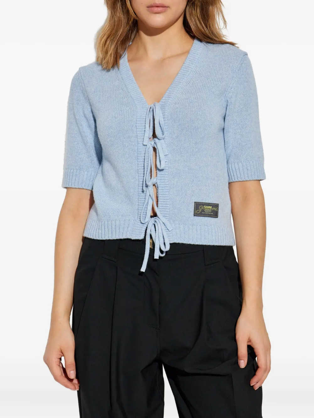 GANNI tie-fastening half-sleeved cardigan Blauw