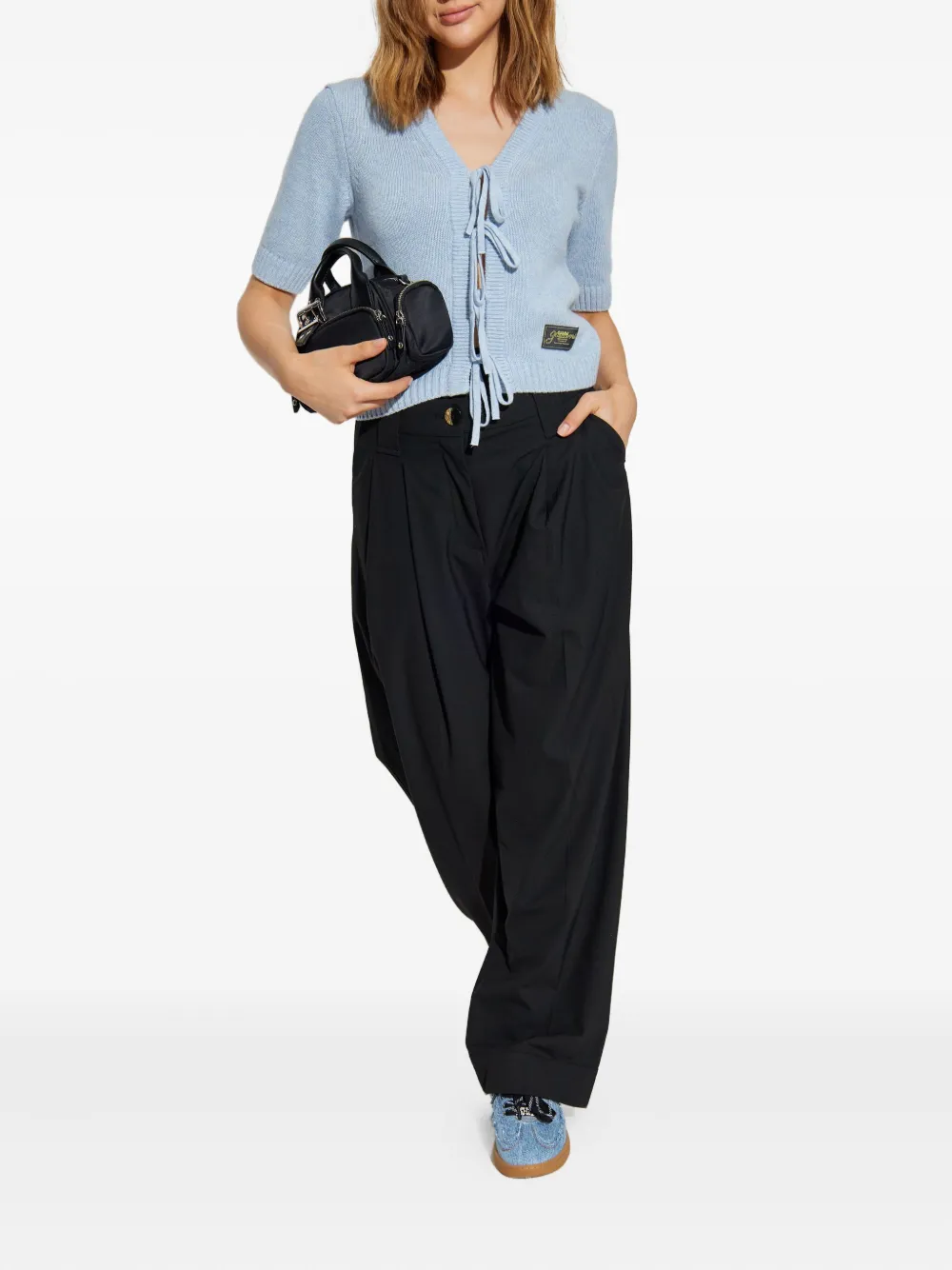 GANNI tie-fastening half-sleeved cardigan Blauw