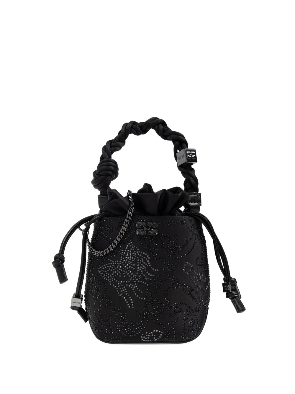 GANNI Bou braided-handle crystal-embellished bucket bag Zwart