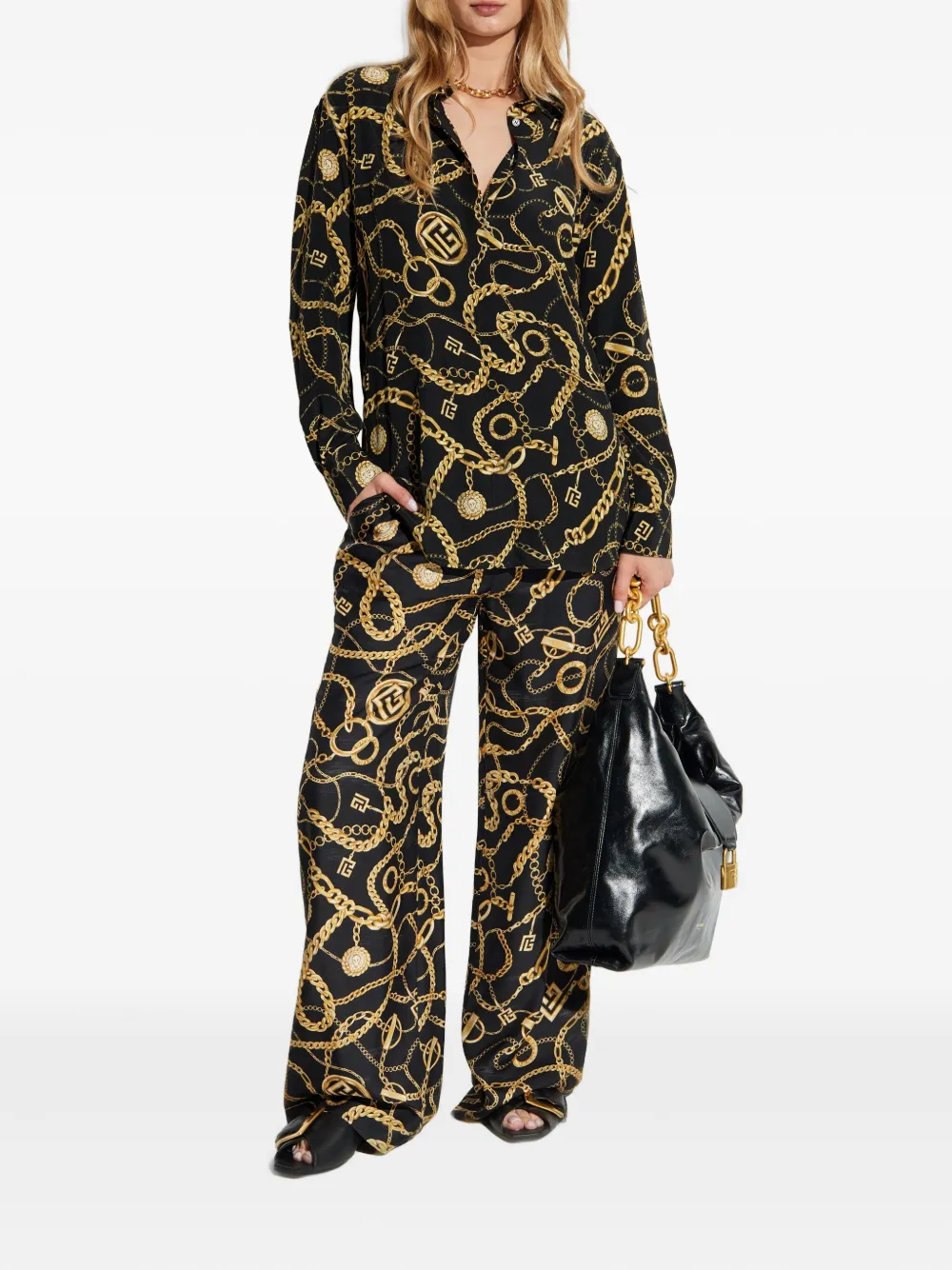 Balmain chain-print silk trousers Zwart