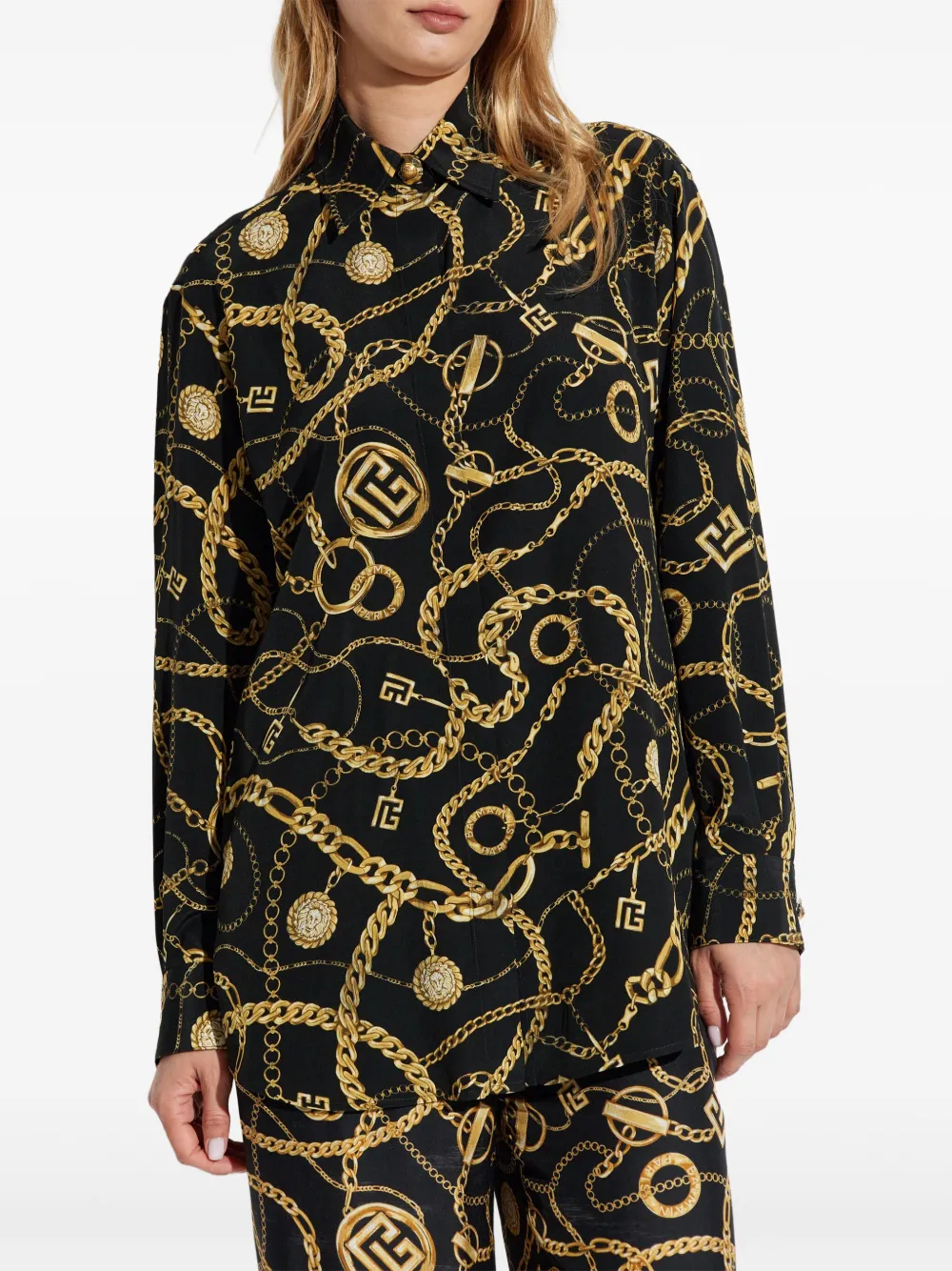 Balmain chain-print button-up shirt Zwart